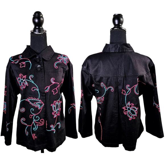 Choices Black Blue Pink Floral Embroidered 2 Button Jacket Outerwear Size Large - Picture 1 of 14